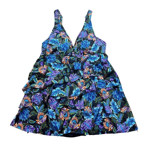 Swim Solutions Floral V-Neck Tummy Control Ruffle Swimdress Women's Size 10 NWT! - Picture 2 of 8
